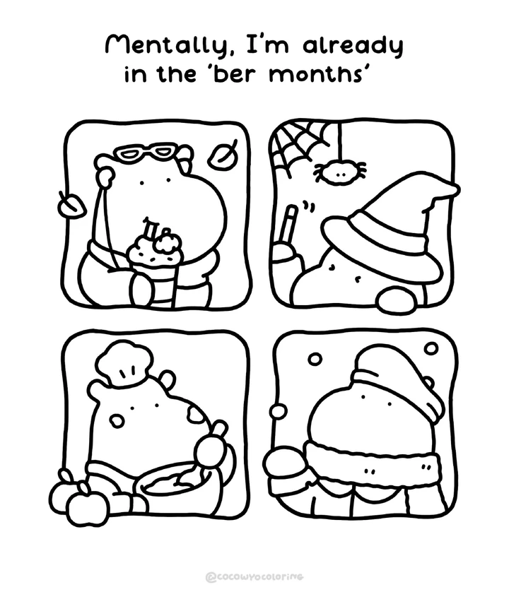 Four cozy seasonal scenes to color